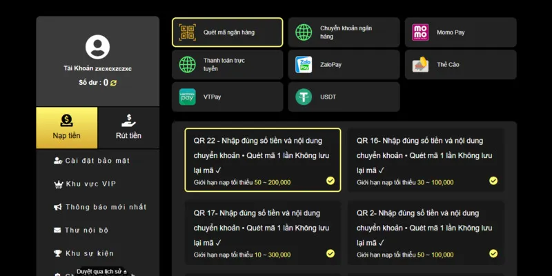 Các loại hình nạp tiền Hubet chính thức
